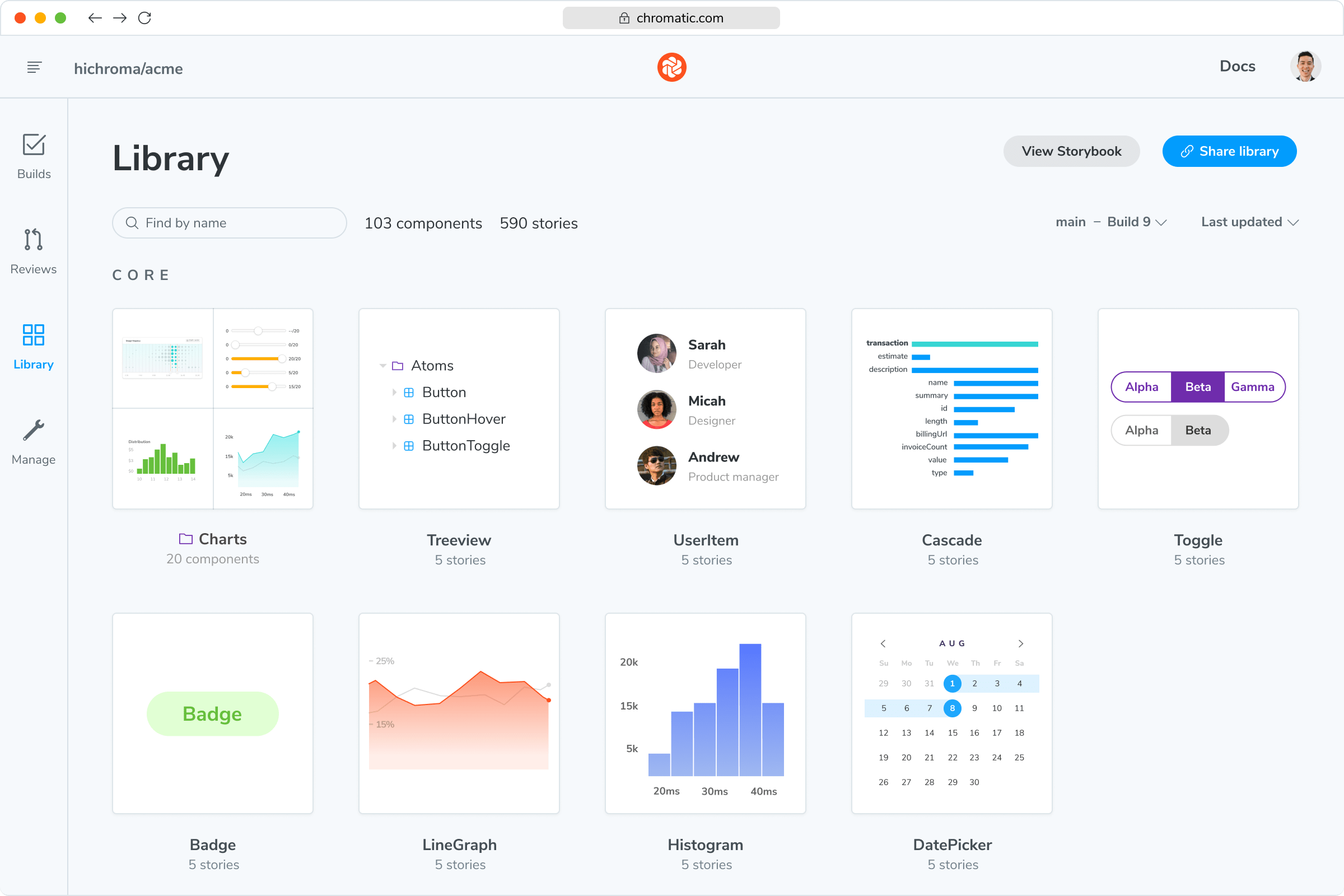 Chromatic Library view that shows all your components in one shared workspace